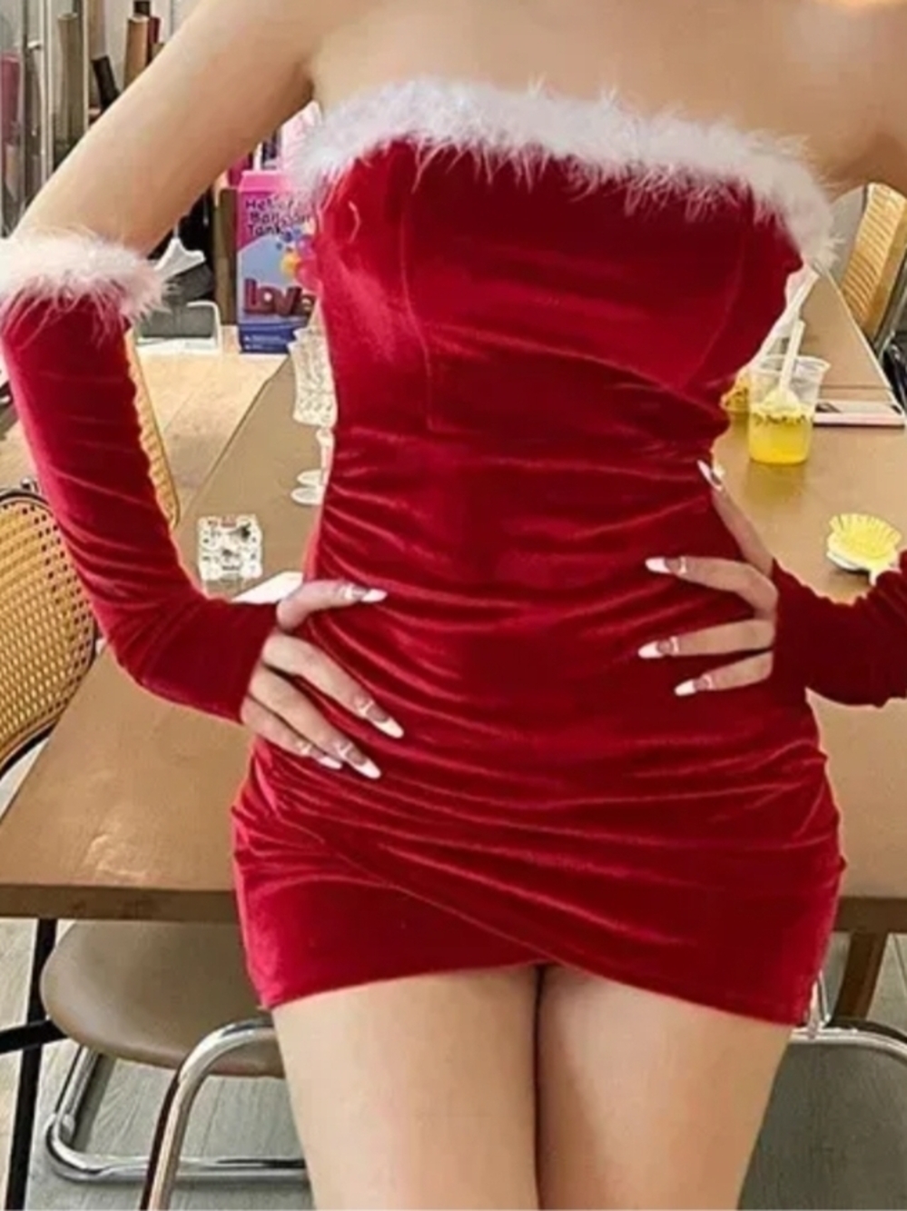 Red Strapless Velvet Santa Dress with Faux Fur Trim